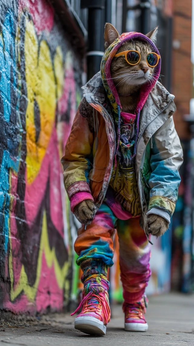 Cool Cat in Urban Style Walking Through Graffiti Alley