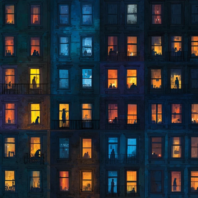 Apartment Facade Night View with Stories in Each Window