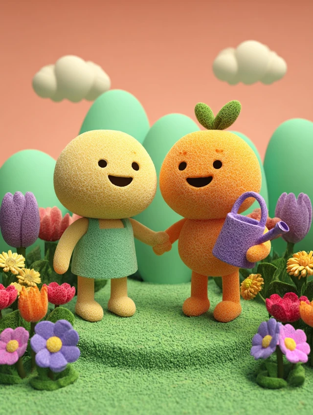 Cute 3D Characters in a Garden Childrens Book Illustration