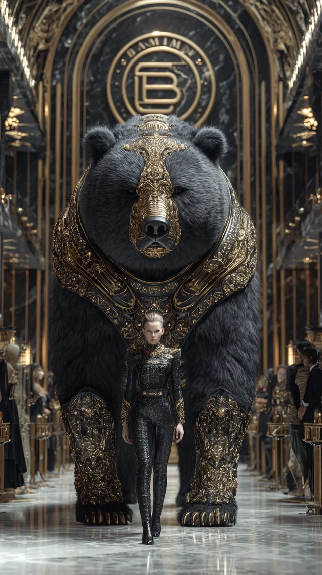 Balmain Guardian Bear: Couture Fashion in Opulent Hall