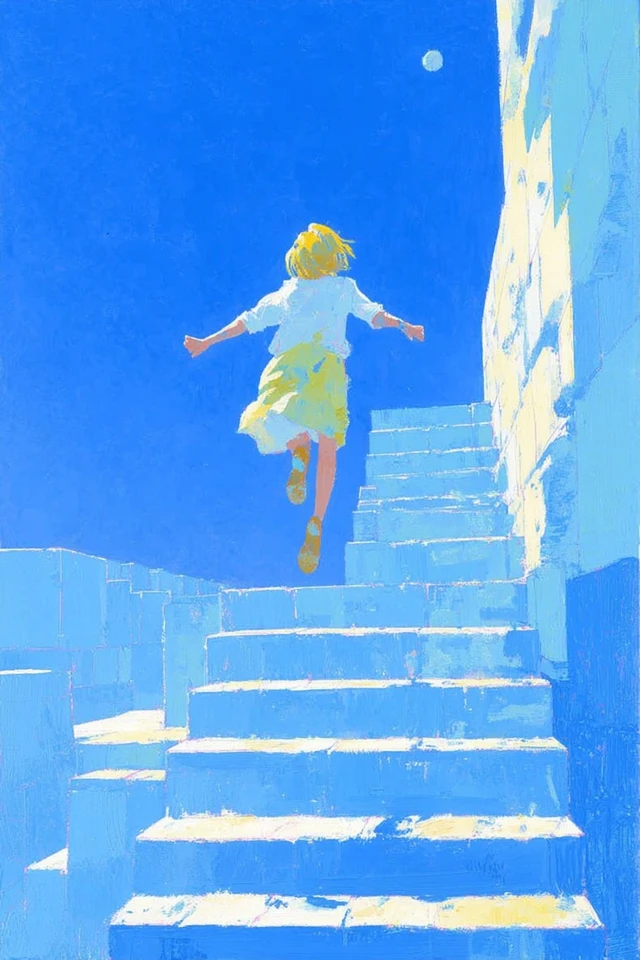 Girl Jumping on Stairs Pastel Oil Painting