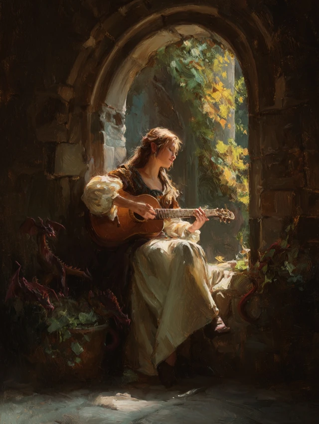 Medieval Woman Playing Guitar With Dragons Painting