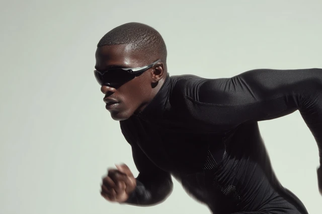 Athletic Man Running in Black Sportswear and Sunglasses