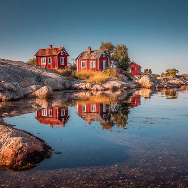 Red Houses Reflecting in Water Sweden