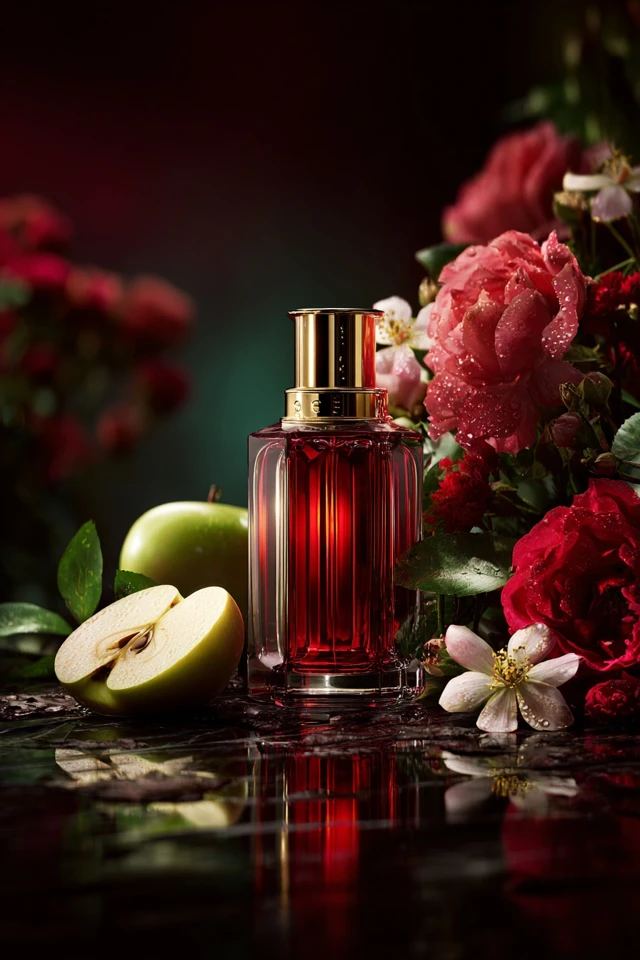 Luxury Perfume Ad Ruby Gold Floral Composition