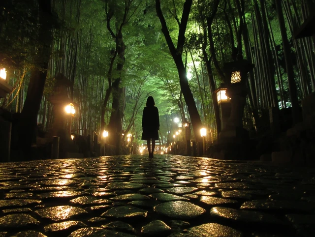 Woman in Bamboo Forest Night Scene