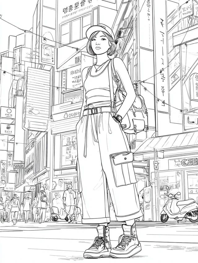Fashion Coloring Page Stylish Asian Woman Urban Street