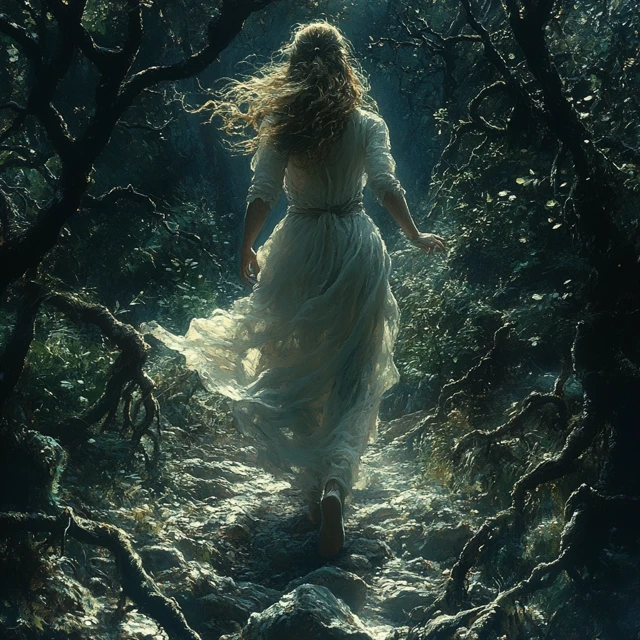 Woman Running in Dark Forest