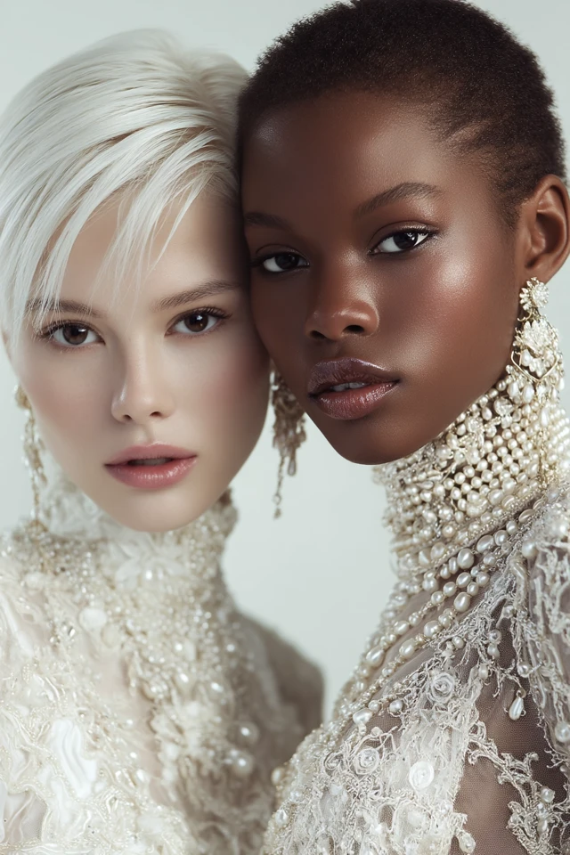 Elegant Models in Haute Couture Pearl Gowns
