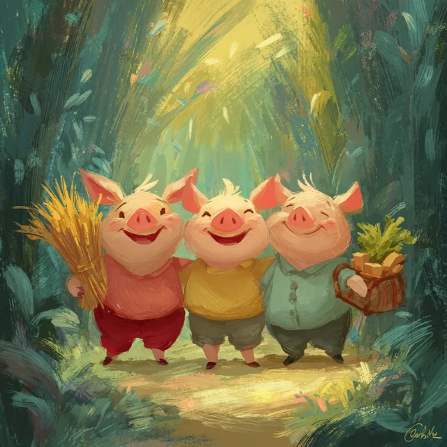 Three Little Piglets in the Forest Storybook Illustration