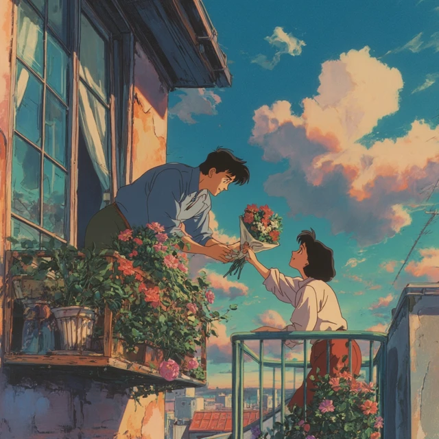 Anime Balcony Romance Flowers
