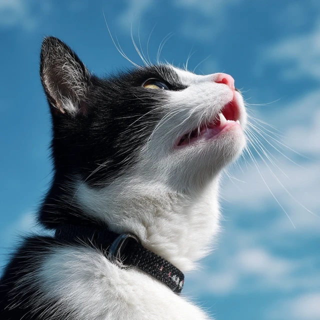 Happy Tuxedo Cat Looking Up at Blue Sky Profile View