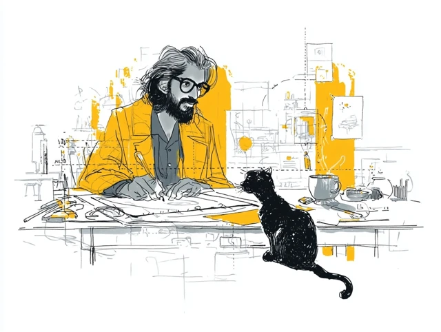 UX Designer Sketching Chris Ware Style Cat Illustration