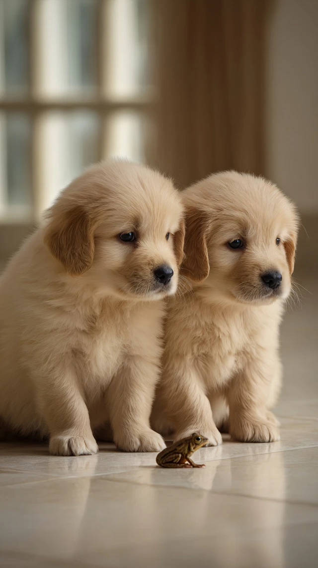 Golden Retriever Puppies and a Frog