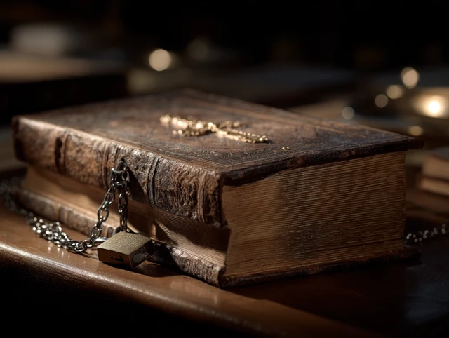 Old Book with Cross Chains and Padlock