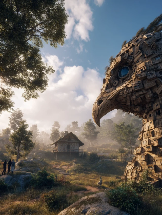 Fantastical Landscape Bird House Serene Scene