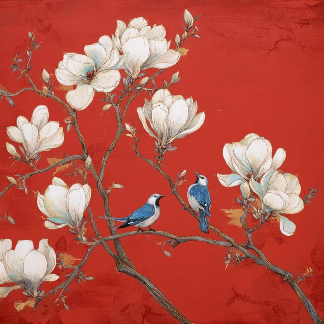 Magnolia Painting Blue Birds Red Background