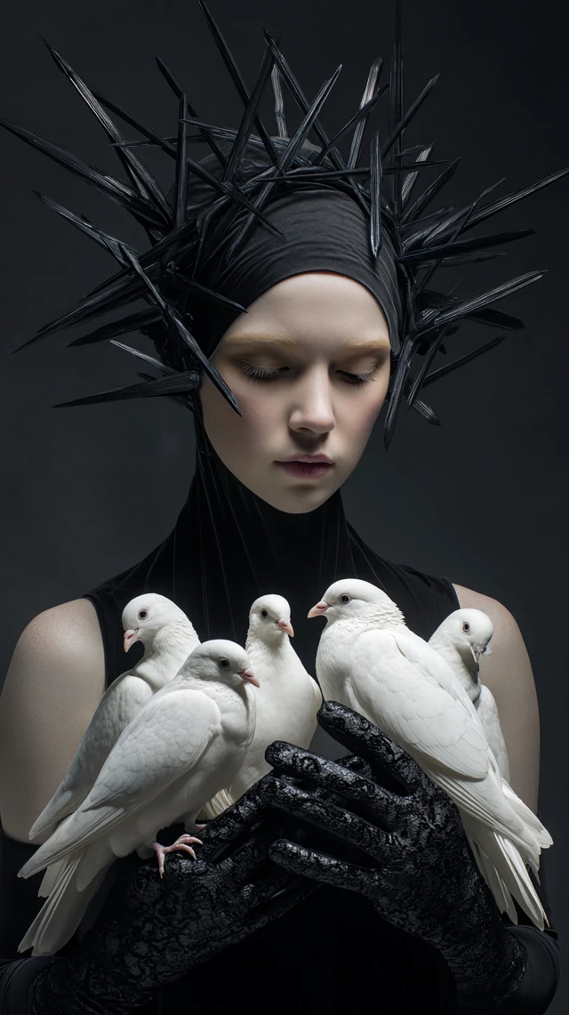 Woman with Birds and Thorns Photorealistic Portrait