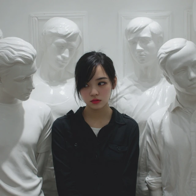 Asian Woman Surrounded by Mannequins