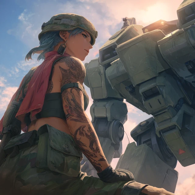 Anime Female Soldier and Mech