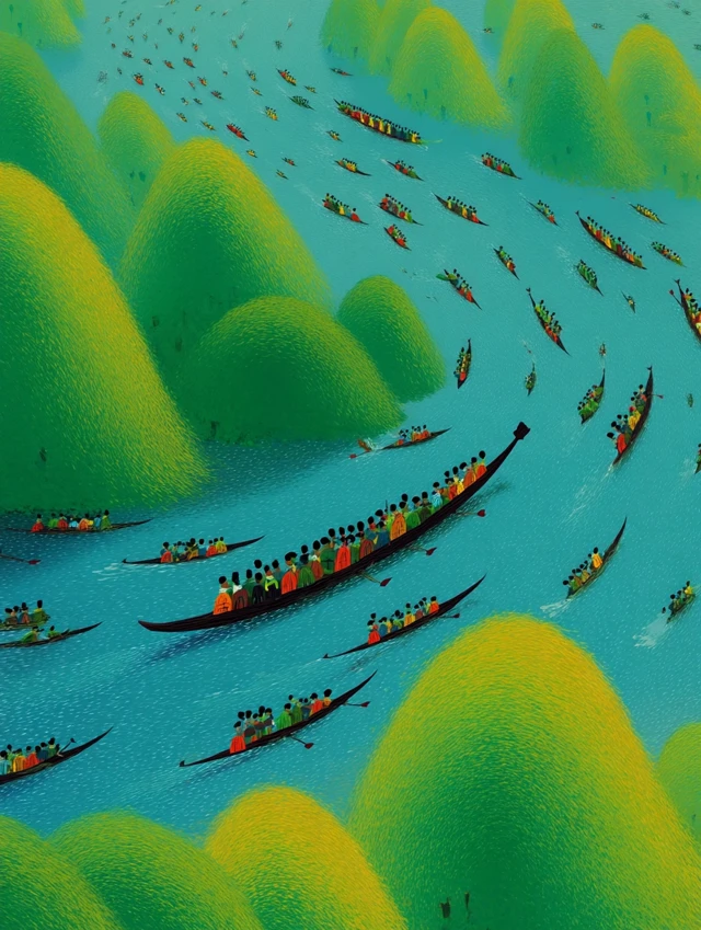 Dragon Boat Race Chinese Landscape Painting