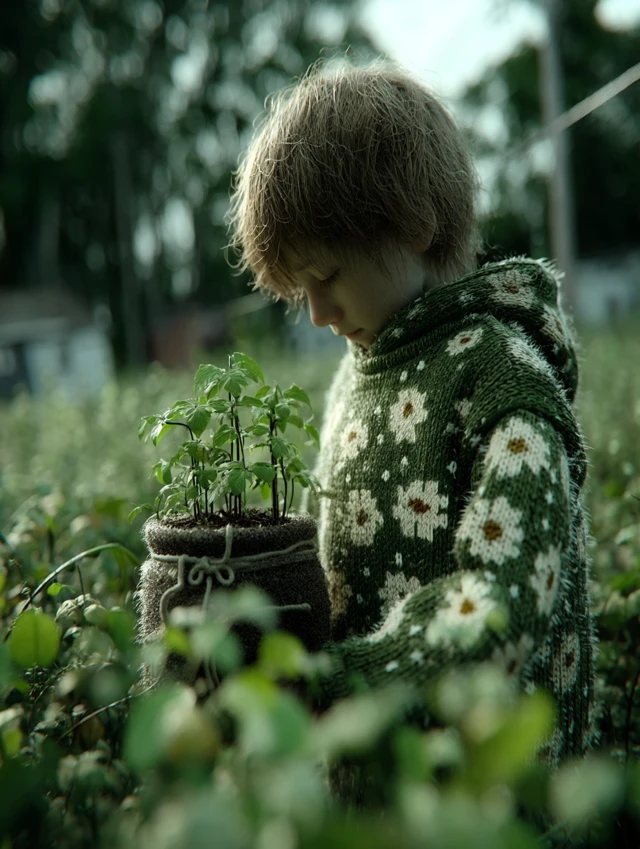 Boy in Field Holding Flower Pot - 3D Render