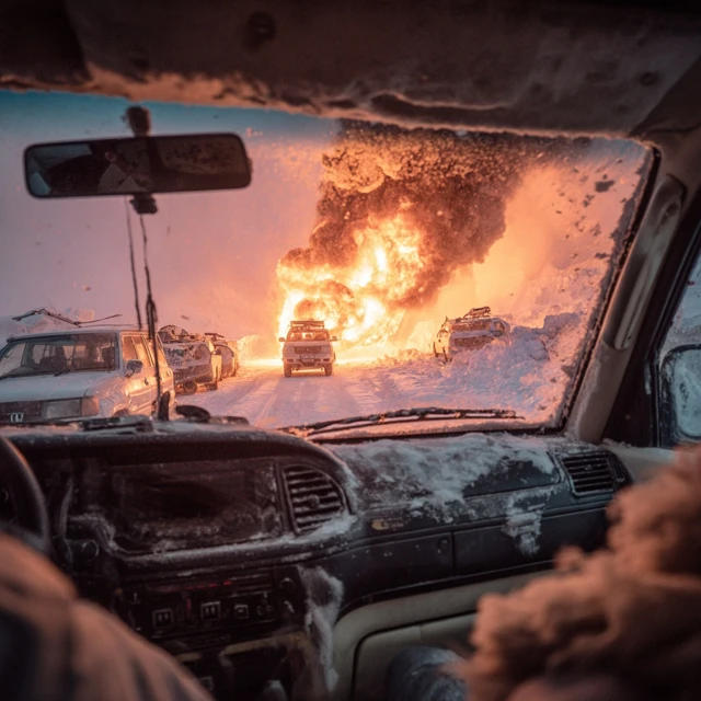 Burning Car Antarctica Dramatic Highway Scene