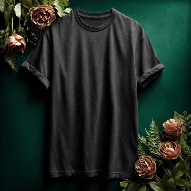 Black TShirt Mockup with Flowers and Velvet Green Background