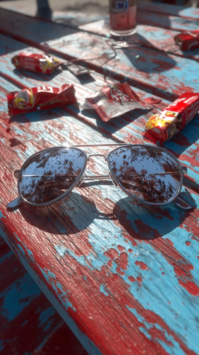 Broken Sunglasses on Picnic Table 3D Art