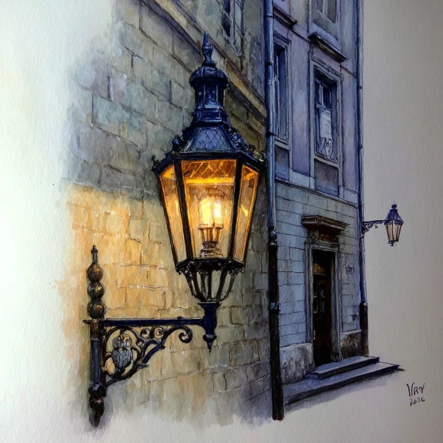 Prague Lantern Watercolor Painting on House