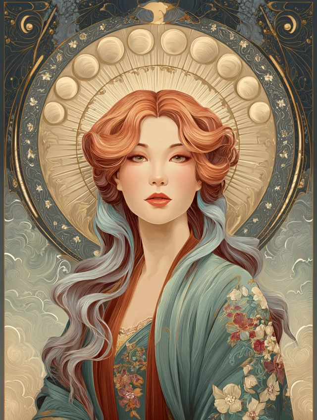 Art Nouveau Portrait of a Woman Moon Halo