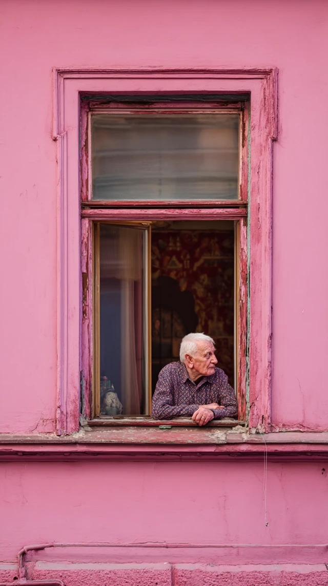 Tattooed Man at Window Old Building Pink Colors