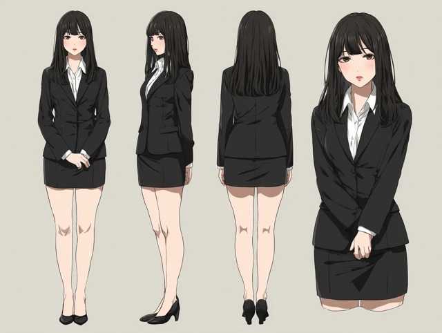 Japanese Anime Girl Character Sheet in Black Suit