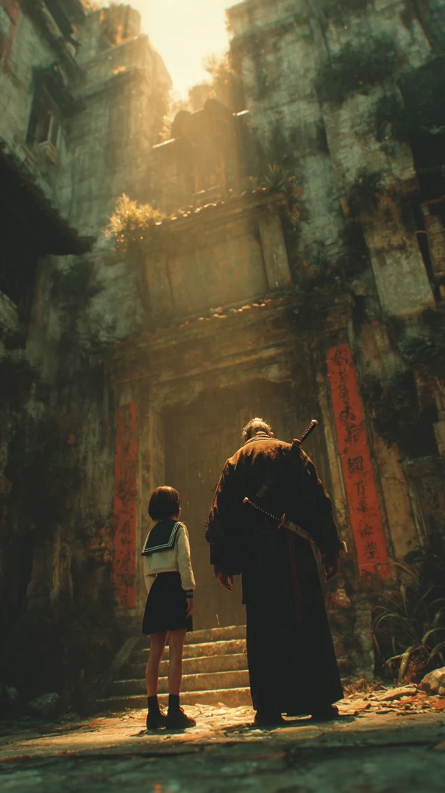 Japanese Schoolgirl and Ghost Hunter in Ancient Temple