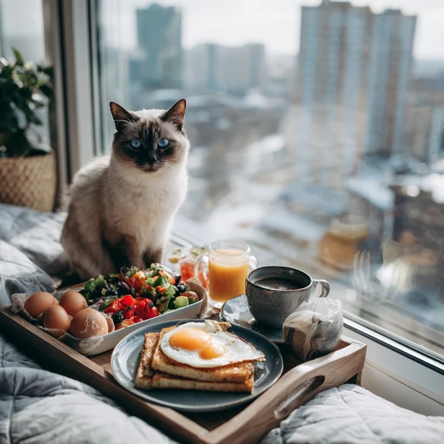Breakfast in Bed with a Siamese Cat