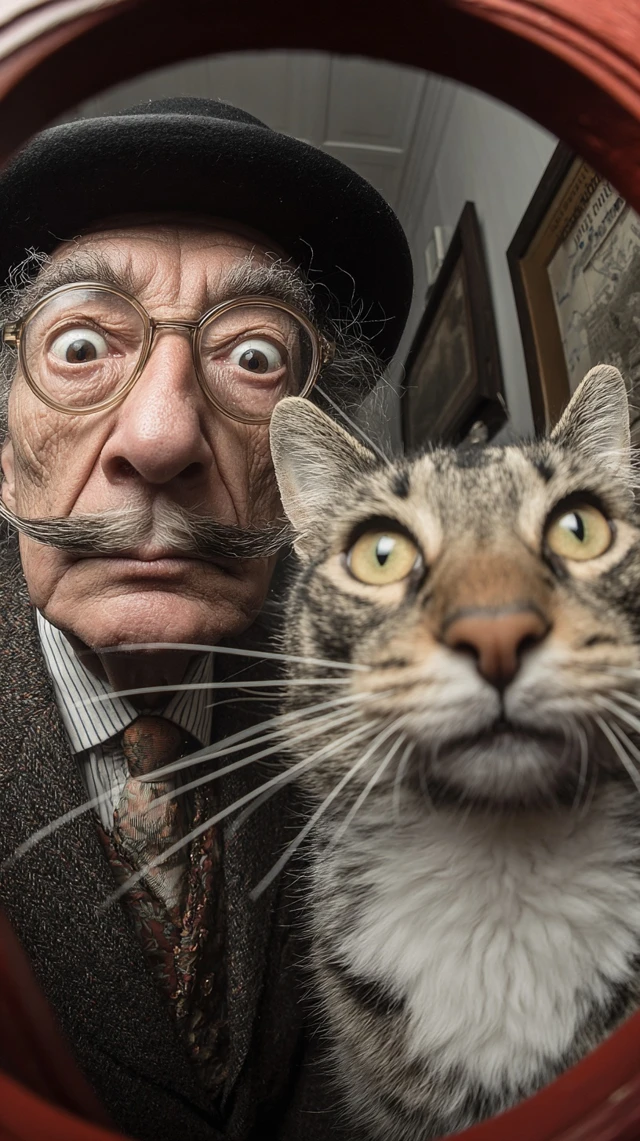 Surreal Cat Selfie with Dali Whiskers and Melting Clocks