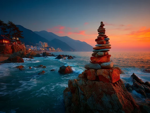 Zen Stone Stacking at Dawn Coastal Serenity