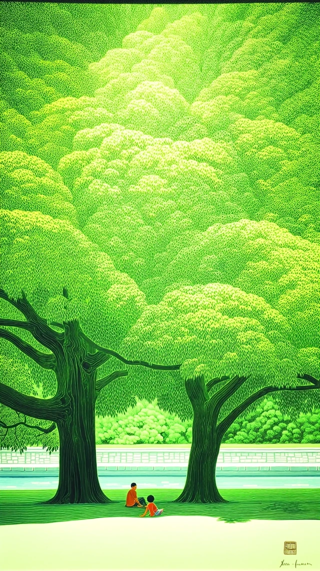 Tranquil Scene: Green Tree Painting with Figures