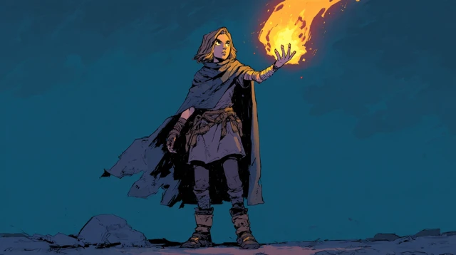 Young Witch Conjuring Fire in Dramatic Illustration