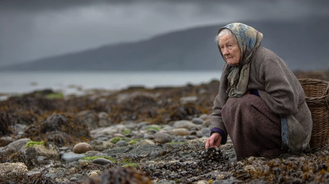 Scottish Woman Collecting Mussels on Isle of Arran