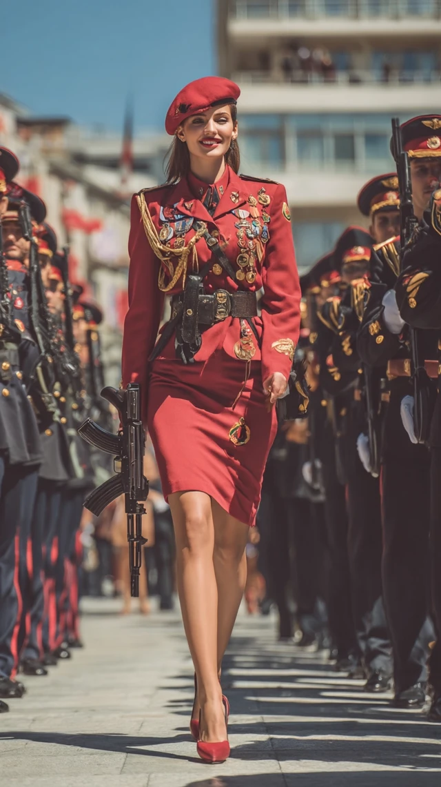 Albanian Woman in Uniform with AR15 on Parade