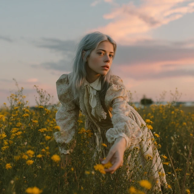 Editorial Model in Field Golden Hour Photography