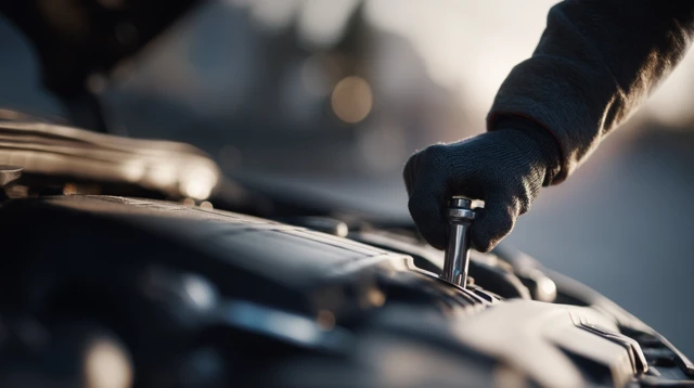 Mechanic Hand with Wrench Car Engine Bay