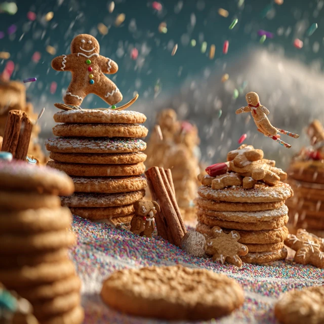 Gingerbread Skiers and Cookie Mountain Scene