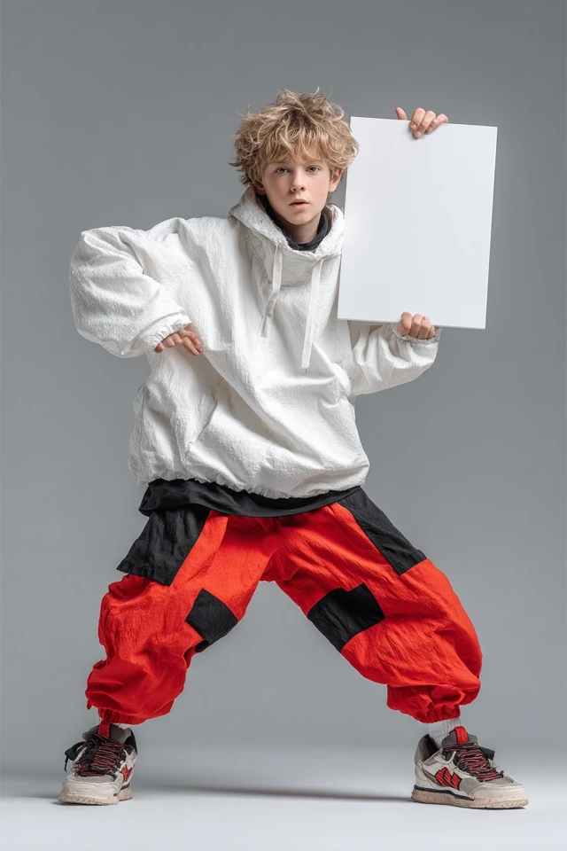 Boy with Poster Trendy Clothing Action Pose Portrait