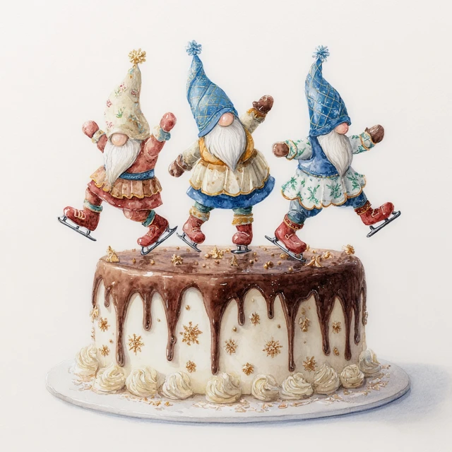 Christmas Gnomes Ice Skating on Cake Watercolor