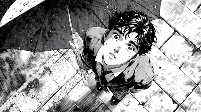 Manga Illustration of a Man in Rain