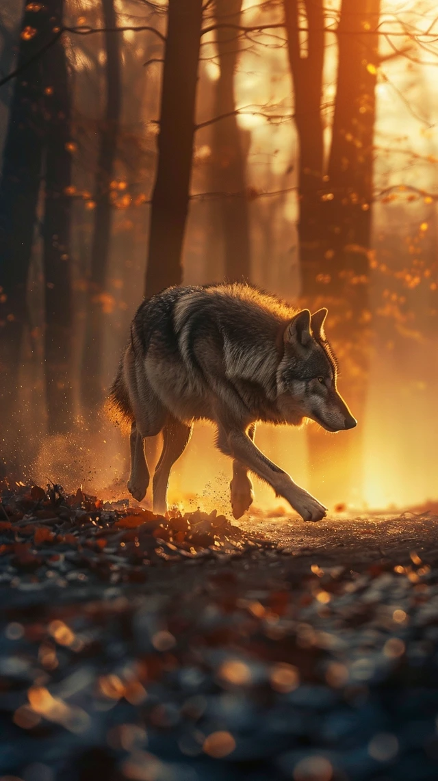 Lone Wolf Running in Forest at Dawn