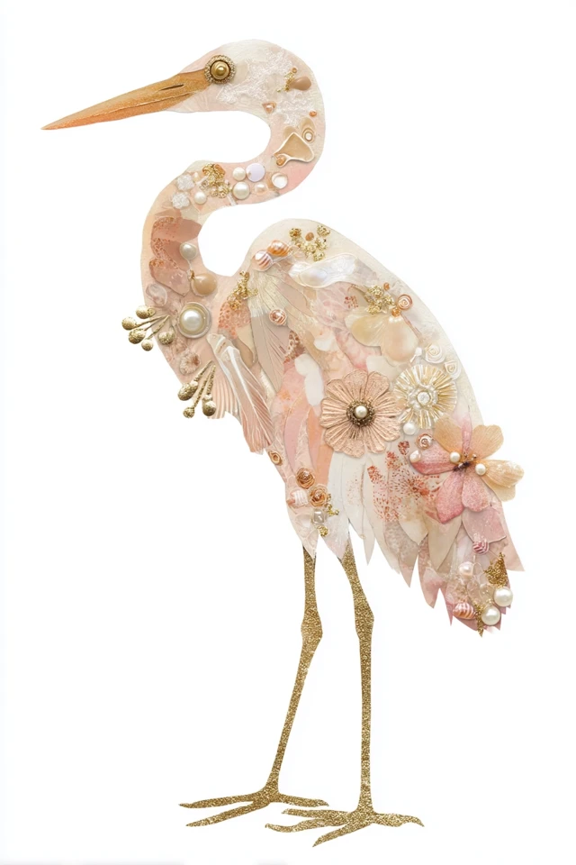 Elegant Egret Collage Art - Shabby Chic and Vintage Elements