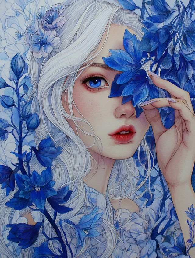 White Haired Girl Delphinium Watercolor Painting